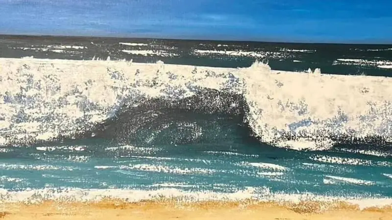 Ocean wave artwork featuring textured white surf rolling across blue and turquoise water, with a sandy shoreline and deep blue horizon painted in an expressive style.